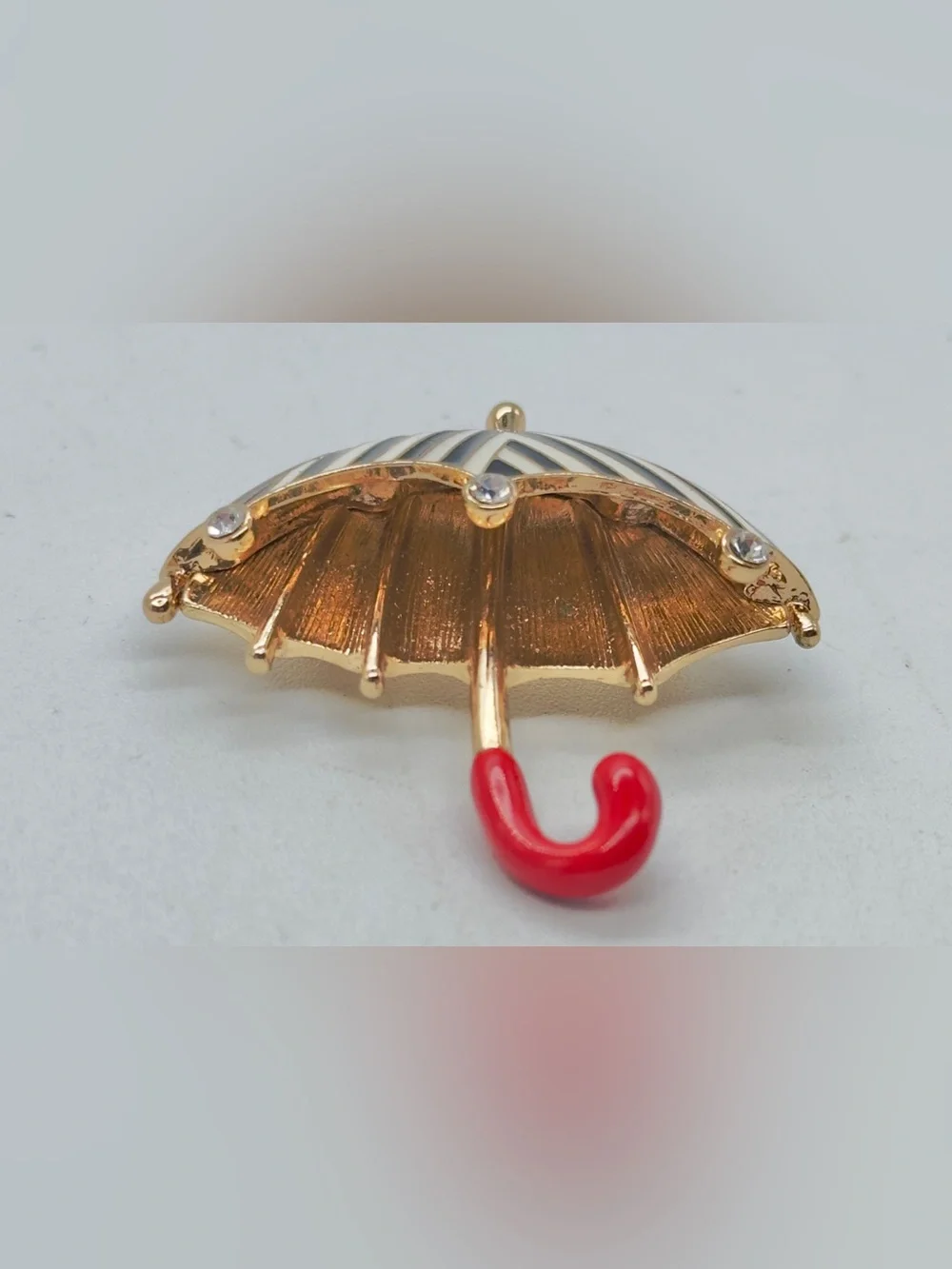 Gold Tone Enamel Striped Umbrella Brooch Pin Red Rhinestone Figural Rainy Day